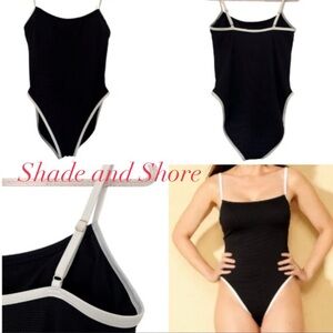 NWOT SHADE and SHORE Black Textured White Trim One Piece Swim Suit